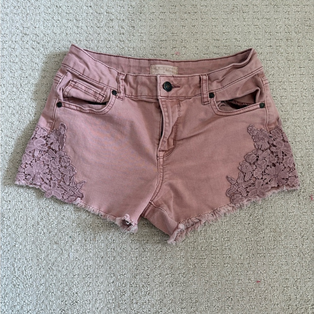 Altar'd State Pink Jean Shorts with Lace Trim